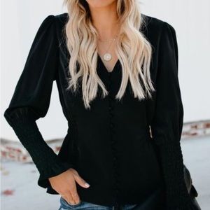 NEW WITH TAGS Alpha & Omega Black Smocked Button Up Blouse